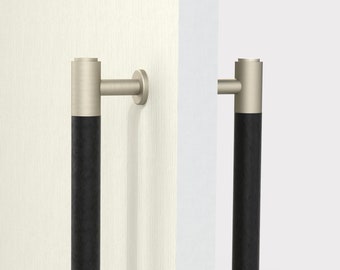 Silver Leather Solid Brass Black Double Sided Pull Handles. Fixing Kit included. Suitable for Glass doors. Suits all doors up to 30mm thick