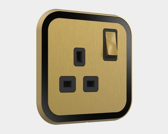 UK Single Double Plug Socket (13A) Gold With Black Gloss Insert Screwless 1 Gang 2 Gang 250v 50hz