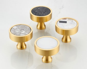 Solid Brushed Brass Gold Cupboard Door Drawer Knobs With Black, Grey or White Terrazzo Insert. Protective lacquer to prevent tarnishing.