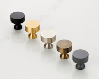 Small Solid Brass Gold, Black, Antique Gold, Grey And Silver Round Cupboard Door Knobs. Protective lacquer to prevent tarnishing