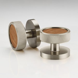 Knurled Mortice Door Knobs Solid Brass - Silver - Wooden Insert Oak Walnut Zebrano