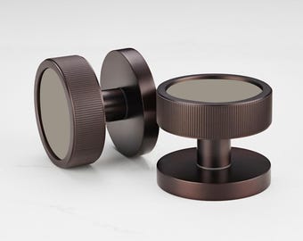 Pomelli per porte a mortasa in ottone massiccio color bronzo / bordo zigrinato, inserto in pietra