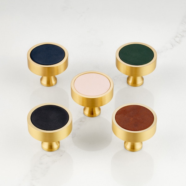 Solid Brass Gold Cupboard Door Drawer Knobs With Brown, Black, Blue, Green and Pink Leather Insert. Protective lacquer to prevent tarnishing