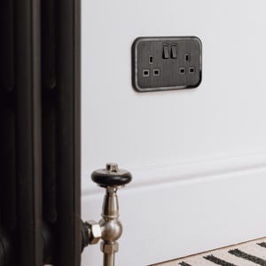 Black Plug Socket, 2 Gang with Black Gloss Insert - Screwless Design 250v - 50hz, Premium Design, modern plug socket, matching switches