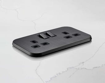 Modern Black Double Plug Socket, Screwless Design, UK