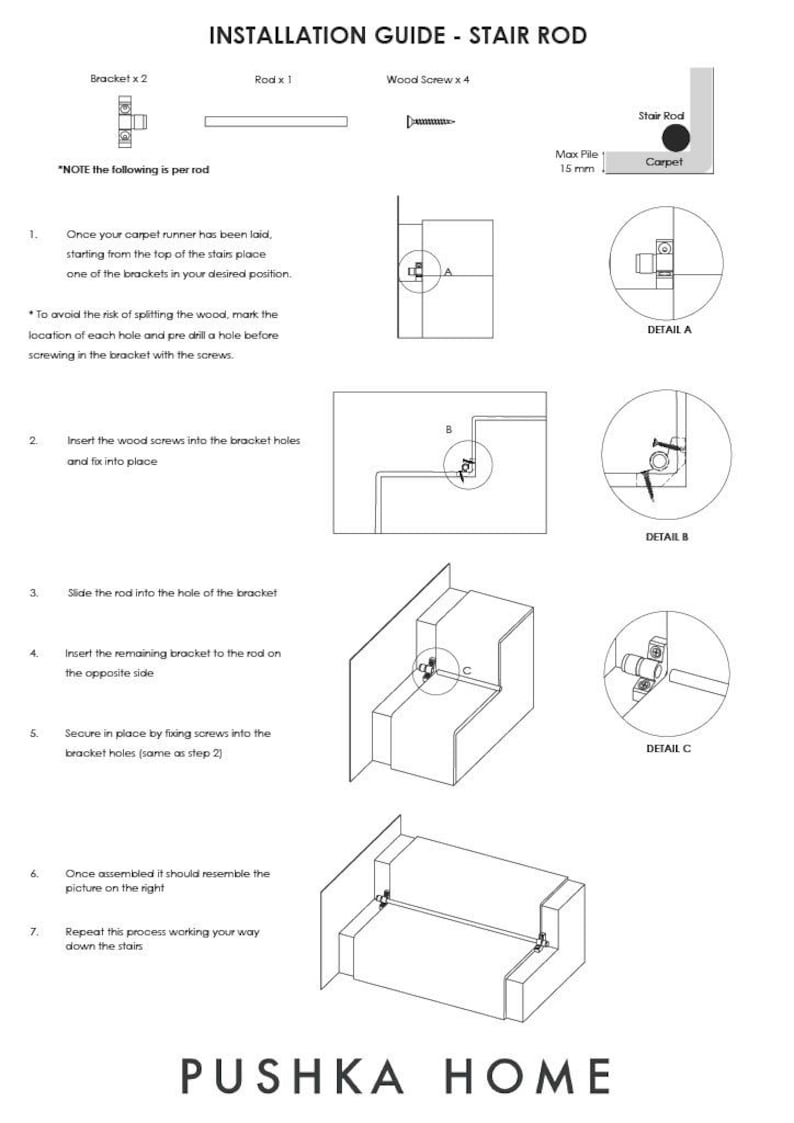 Made to Measure Brass Stair Rods, Knurled End Caps, Custom Cut Carpet Runners image 6