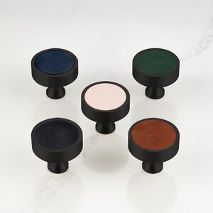 May include: Five cabinet knobs with a black finish. Each knob has a circular top in different colours: navy blue, pale pink, dark green, and brown. The knobs are designed with a simple, modern aesthetic, suitable for various furniture styles.