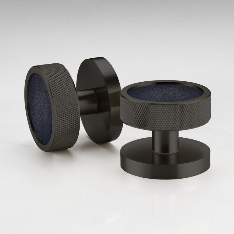 Boutons de porte à mortaiser en laiton noir, bordures en cuir moleté, poignées de porte intérieures image 2