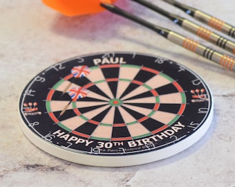 Personalised Dartboard Coaster With Name & Message. Darts Ceramic Coaster with cork / Birthday / Father's Day Gift | Made in UK | Gift Box