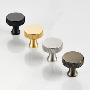 Kitchen cupboard door knobs with knurled detail. Made from Solid Brass, round cabinet knobs in gold, silver, black bronze and antique finish
