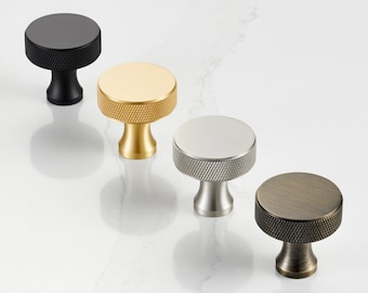 Brass round Cupboard door Knobs for kitchen cabinets. Round Knurled Edge Gold Silver Black Antique  Protective Lacquer to prevent tarnishing