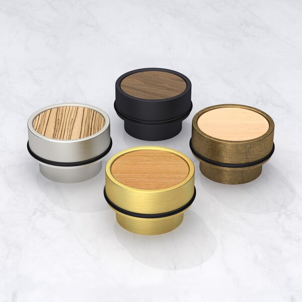 Solid Brushed Brass Gold, Antique Gold and Black Floor Mounted Door Stops Bumpers With Oak, Maple, Zebrano or Walnut Wood Insert