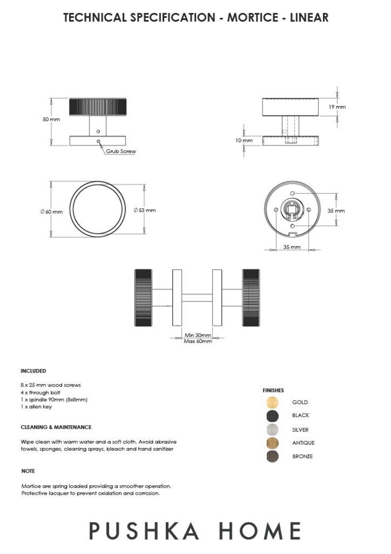 Puede incluir: Especificaciones t&eacute;cnicas de una manija de puerta lineal de embutir. Los diagramas muestran las dimensiones en mil&iacute;metros, incluido un mango de 50 mm de di&aacute;metro. Incluye tornillos, pernos, husillo y llave Allen. Acabados disponibles: oro, negro, plata, antiguo y bronce.