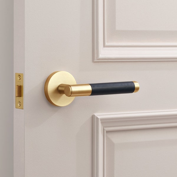 Leather Door Handle & Knob Pair Gold Door Handle Pull Handle Interior Door Handle Brass Modern Hardware Black Door Handle Closet Hallway