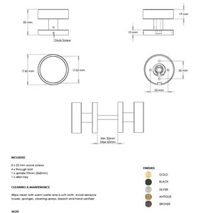 May include: Technical specification diagram for a Mortice-Plain door handle. Includes dimensions in millimeters, such as 50 mm, 60 mm, and 35 mm. The diagram shows the handle's components and includes a list of included hardware. Available finishes: gold, black, silver, antique, and bronze.