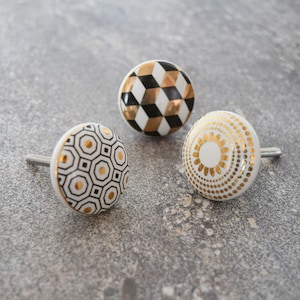 Geometric Ceramic Cupboard Door Knobs. Art Deco cabinet knobs | Porcelain drawer pulls | Black White and Gold | Dresser knobs
