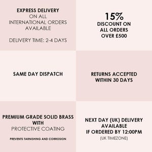 May include: A promotional graphic with text on a light pink background. Text includes "Express Delivery", "Same Day Dispatch", "Premium Grade Solid Brass", "15% Discount", "Returns Accepted", and "Next Day Delivery".
