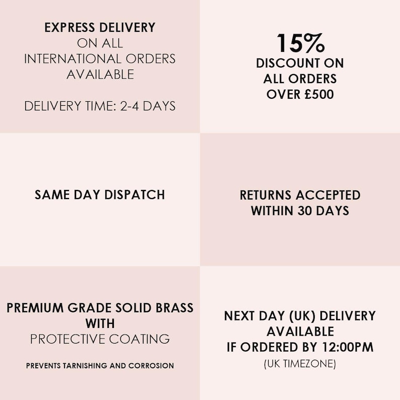 May include: A promotional graphic with text on a light pink background. Text includes "Express Delivery", "Same Day Dispatch", "Premium Grade Solid Brass", "15% Discount", "Returns Accepted", and "Next Day Delivery".