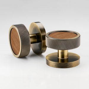 Knurled Mortice Door Knobs Solid Brass - Antique Gold - Wooden Insert Oak Walnut Zebrano