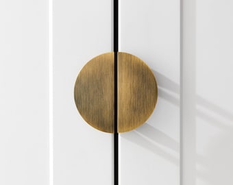 Antique Gold Brass Full Moon Cabinet Door Pulls, Art Deco Pair