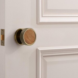 Antique Gold Brass Mortice Door Knobs | Knurled Edge, Wood Insert