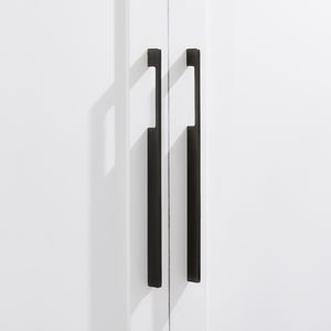 May include: Two black cabinet pulls with a rectangular shape and a slightly rounded edge. The pulls are mounted on a white surface.