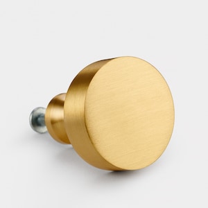 May include: A brushed gold round cabinet knob with a smooth, slightly raised surface.