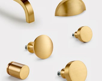 Gold Cabinet Handles and door knobs, Solid brass, Cupboard Knobs, Cup Handles & Cylinder Pulls, drawer knobs, door pulls, furniture hardware
