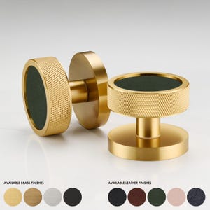 Pomelli per porte a mortasa in ottone con set di due pomelli in pelle, pomelli per porte interne, pomelli per porte interne, coppia di pomelli rotondi dorati, a molla.