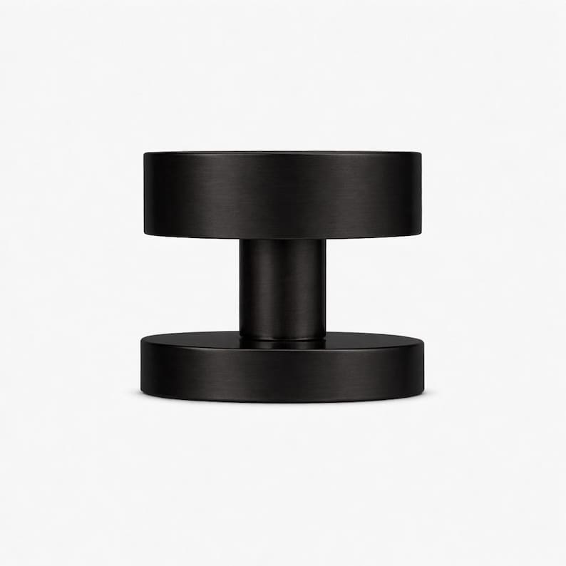 May include: A matte black door handle with a cylindrical post connecting two circular discs. The handle has a minimalist design and a smooth, non-reflective surface. The door handle is made of metal.