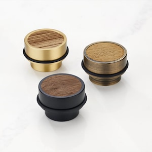 Brass Floor-Mounted Door Stop with Wooden Insert - Antique Gold Hardware for Home Decor, Oak, Maple, Zebrano and Walnut