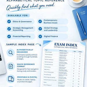 Puede incluir: Un folleto informativo blanco titulado CPA AUSTRALIA EXAM INDEX ALPHABETICAL TOPIC REFERENCE con texto e iconos azules. Enumera temas como Ethics & Governance y Financial Reporting, e incluye una tabla de ejemplo y un plan de estudio.
