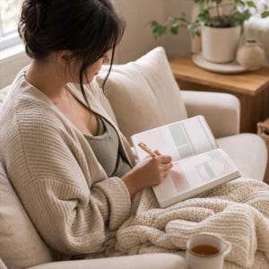 May include: An open planner with pastel pink and sage green geometric page layouts, held by a hand using a light-colored wooden pen. The planner features organized sections for daily scheduling and notes, presented on white paper with a clean, minimalist design.