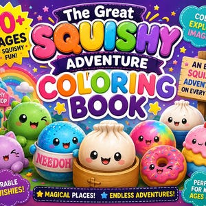 Może przedstawiać: Kolorowanka zatytułowana The Great Squishy Adventure Coloring Book zawierająca ponad 50 stron zabawy. Okładka przedstawia różne postacie z kreskówek typu squishy, w tym pierożka, pączka i kota na fioletowym tle.