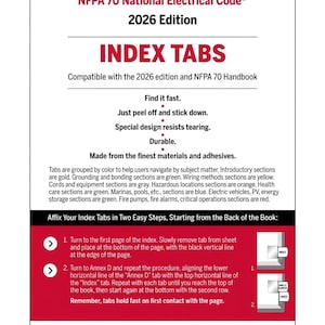 May include: A white product packaging card for NFPA 70 National Electrical Code 2026 Edition Index Tabs. The text details features, color-coded sections, and two-step application instructions with diagrams for placing adhesive tabs in a book.