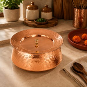 Handmade Copper Handi with Lid, Tin Lined Copper Cooking Pot, Traditional Indian Copper Cookware, 2L & 3.5L Copper Lagan
