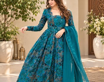Teal Blue Floral Anarkali Dress with Dupatta, Festive Indian Wedding Gown