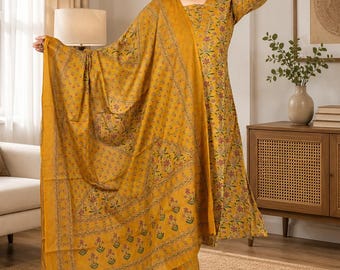 Women’s mustard yellow Cotton Suit Set, Floral Printed 3 Piece Indian Kurta Set with Pants & Dupatta, Cotton Salwar Kameez, Ethnic Wear