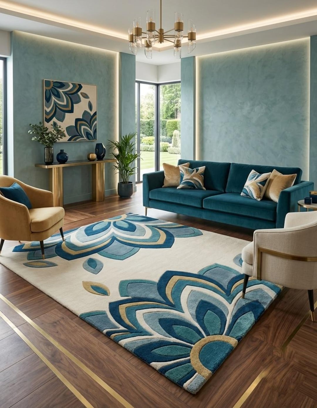 Blue Floral Hand Tufted Wool Rug, Modern Abstract Area Rug, Luxury ...