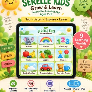 Może przedstawiać: Tablet wyświetlający interfejs aplikacji Serelle Kids Grow & Learn z dziewięcioma interaktywnymi kategoriami, takimi jak zwierzęta, kolory, liczenie, owoce, warzywa, kształty, niebo i pogoda, transport oraz przedmioty codziennego użytku dla dzieci w wieku 2-5 lat.