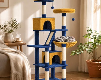 Large Gray Cat Tree Tower, Sisal Scratching Posts, Hammock Basket, Condos (Indoor Cat Furniture)