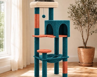 Großer Katzenkratzbaum, grün-beige Katzenmöbel für drinnen, Hängematte, Kratzbäume, Katzenbett