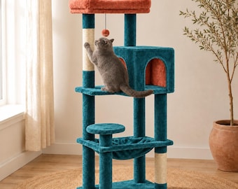 Large Beige Cat Tree Tower, Multi-Level Condo with Hammock, Scratching Posts