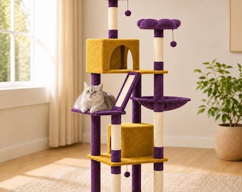 Floral Cat Tree, Pink Green Tower with Scratching Posts, Hammock, Condos, Perches
