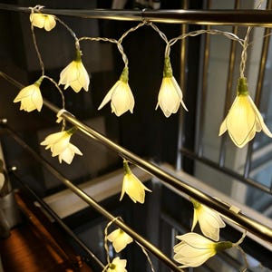 Peut inclure: Une guirlande lumineuse LED composée de fleurs translucides blanc cassé. Chaque fleur possède une base verte et est fixée à un fil argenté fin et flexible, diffusant une lueur douce et chaleureuse à travers les pétales délicats.