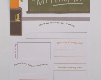 All About My Teacher Printable Card for Teachers, Fill-In Cards