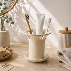 Portacepillos de cerámica, organizador de baño japonés, soporte para brochas de maquillaje, decoración minimalista para tocador, vaso para encimera
