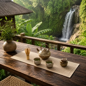 Peut inclure: Un service à thé en céramique comprenant une théière brune mouchetée, deux tasses assorties remplies de thé vert, un fouet en bambou et un petit pot à couvercle, disposés sur un chemin de table beige tissé sur une table en bois sombre.