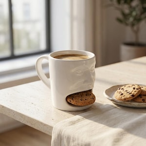 Op de afbeelding: Een witte keramische mok met een sculpturaal menselijk gezicht en een holle opening bij de mond, waarin een ronde koek met chocoladestukjes zit. De mok heeft een gladde afwerking en een gebogen handvat aan de zijkant voor grip.