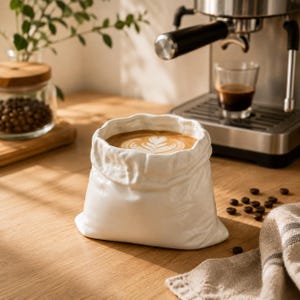 Op de afbeelding: Een witte keramische mok in de vorm van een verfrommelde papieren zak gevuld met koffie met een hartvormig latte art ontwerp. De mok staat op een houten oppervlak bij een koffiezetapparaat, een glazen pot met koffiebonen en een textiele doek.
